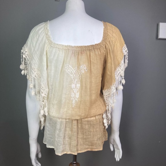 Vanita Rosa Dress small s/m Linen Applique embroidered Tie Peplum Waist Lace - Picture 6 of 16